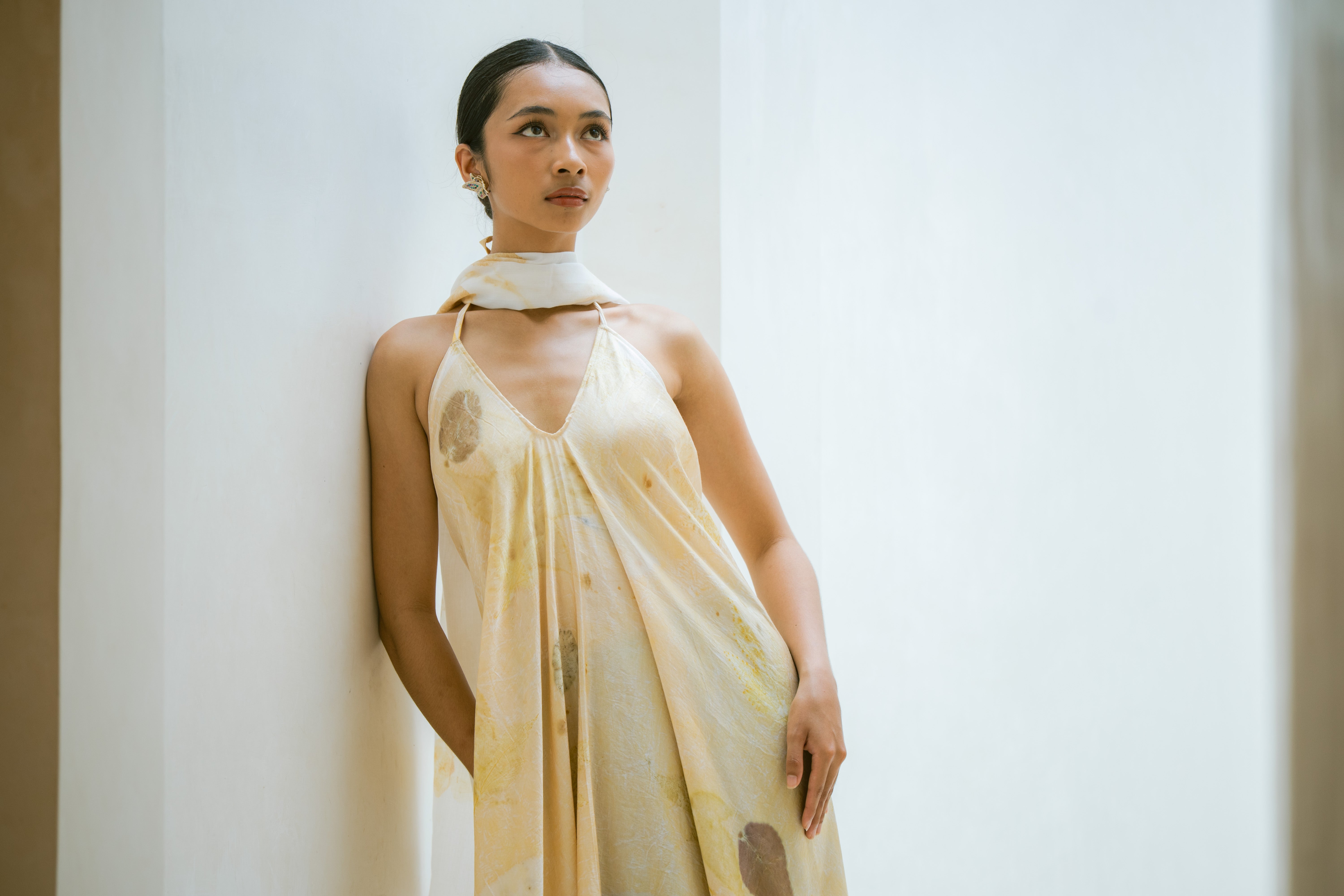 The Goddess – Yellow, White, Brown & Green Leaves Cotton Silk Eco Print Dress